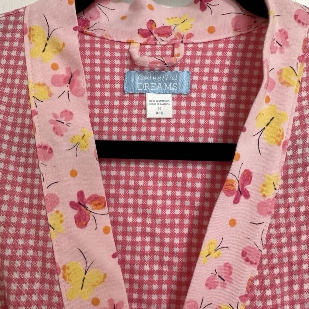Ladies MED Celestial Dreams Pink White Kimono Style Robe Pink Butterfly Trim